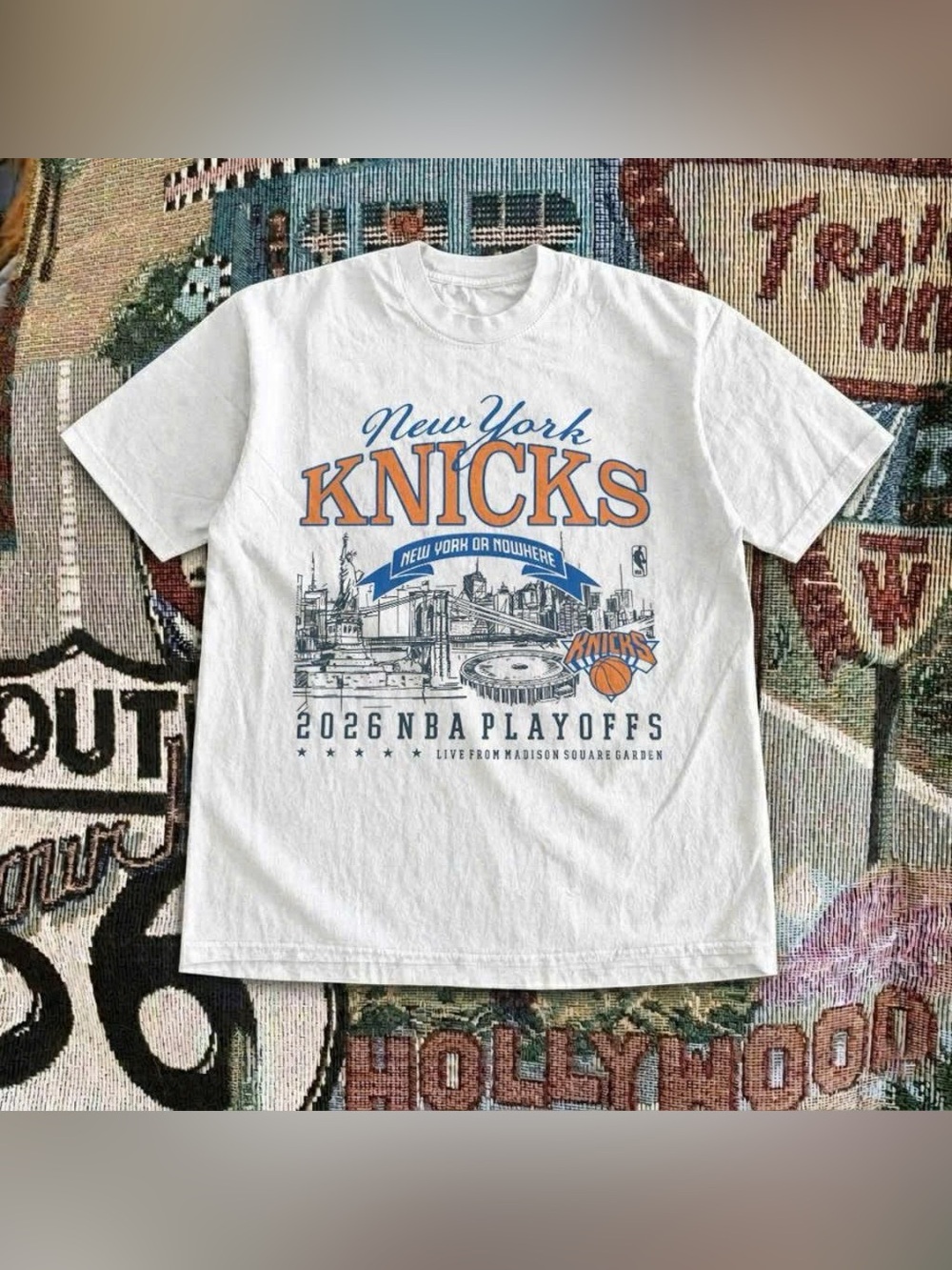 Vintage White New York Knicks 2026 Playoffs Graphic Tee - Orange & Blue Print